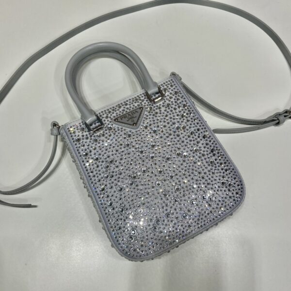 Prada Small Satin Tote Bag With Crystals Silver For Women, Women's Bags 6.9in/18cm 1BA331_2AWL_F0934_V_OOO