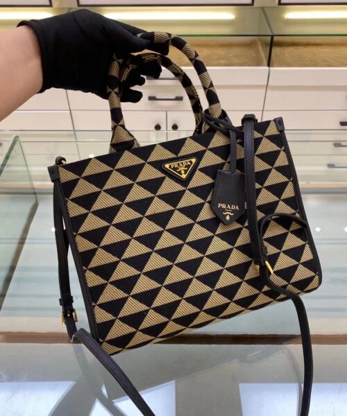 Prada Small Symbole Jacquard Fabric Handbag Black/Beige For Women, Women's Bags 11in/28cm 1BA354_2FKL_F0Y30_V_OOO