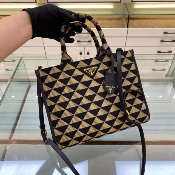 Prada Small Symbole Jacquard Fabric Handbag Black/Beige For Women, Women's Bags 11in/28cm 1BA354_2FKL_F0Y30_V_OOO