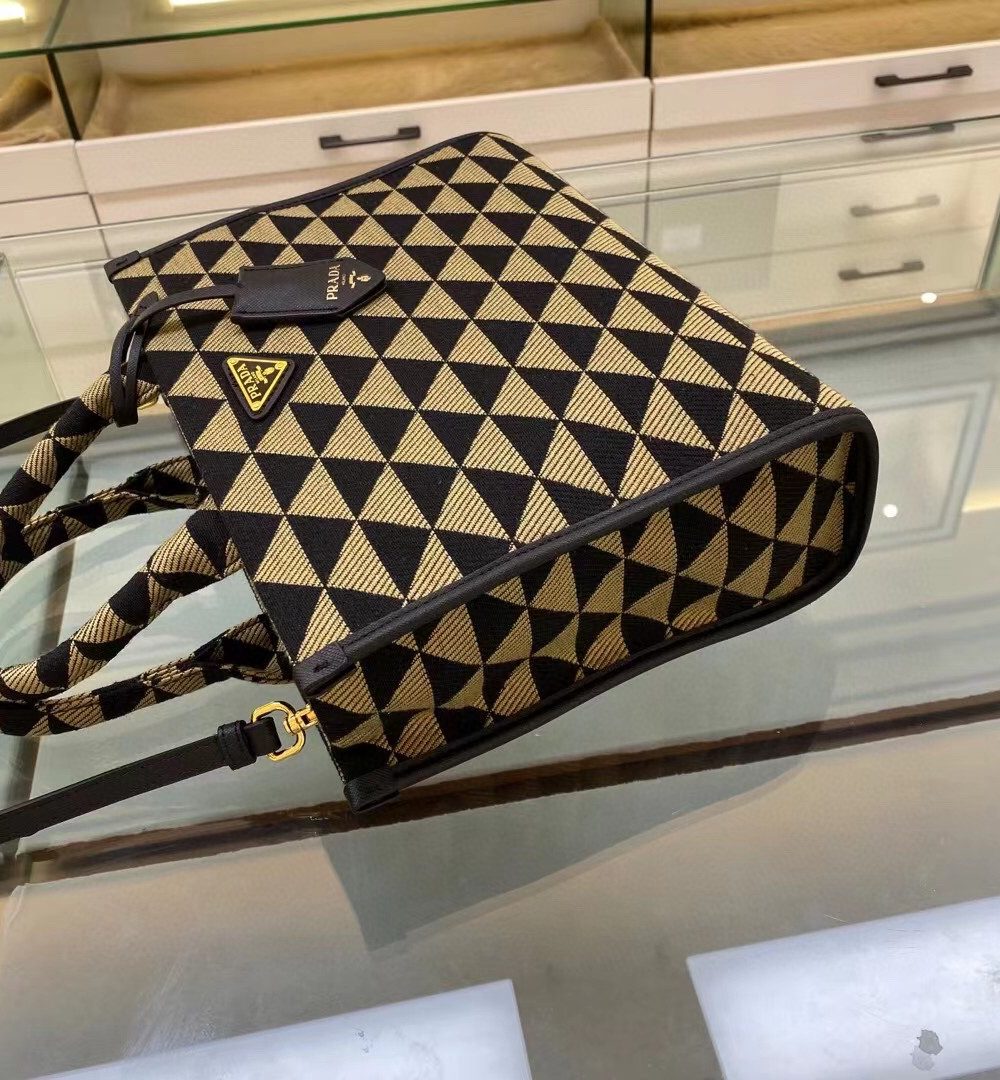 Prada Small Symbole Jacquard Fabric Handbag Black/Beige For Women, Women's Bags 11in/28cm 1BA354_2FKL_F0Y30_V_OOO