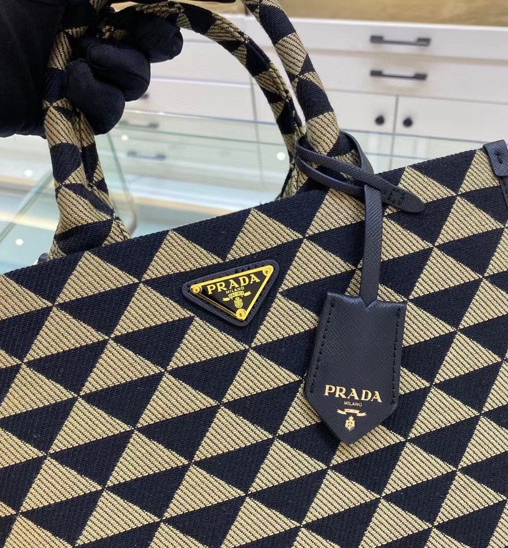 Prada Small Symbole Jacquard Fabric Handbag Black/Beige For Women, Women's Bags 11in/28cm 1BA354_2FKL_F0Y30_V_OOO