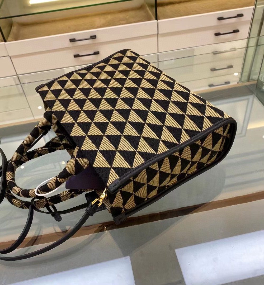 Prada Small Symbole Jacquard Fabric Handbag Black/Beige For Women, Women's Bags 11in/28cm 1BA354_2FKL_F0Y30_V_OOO