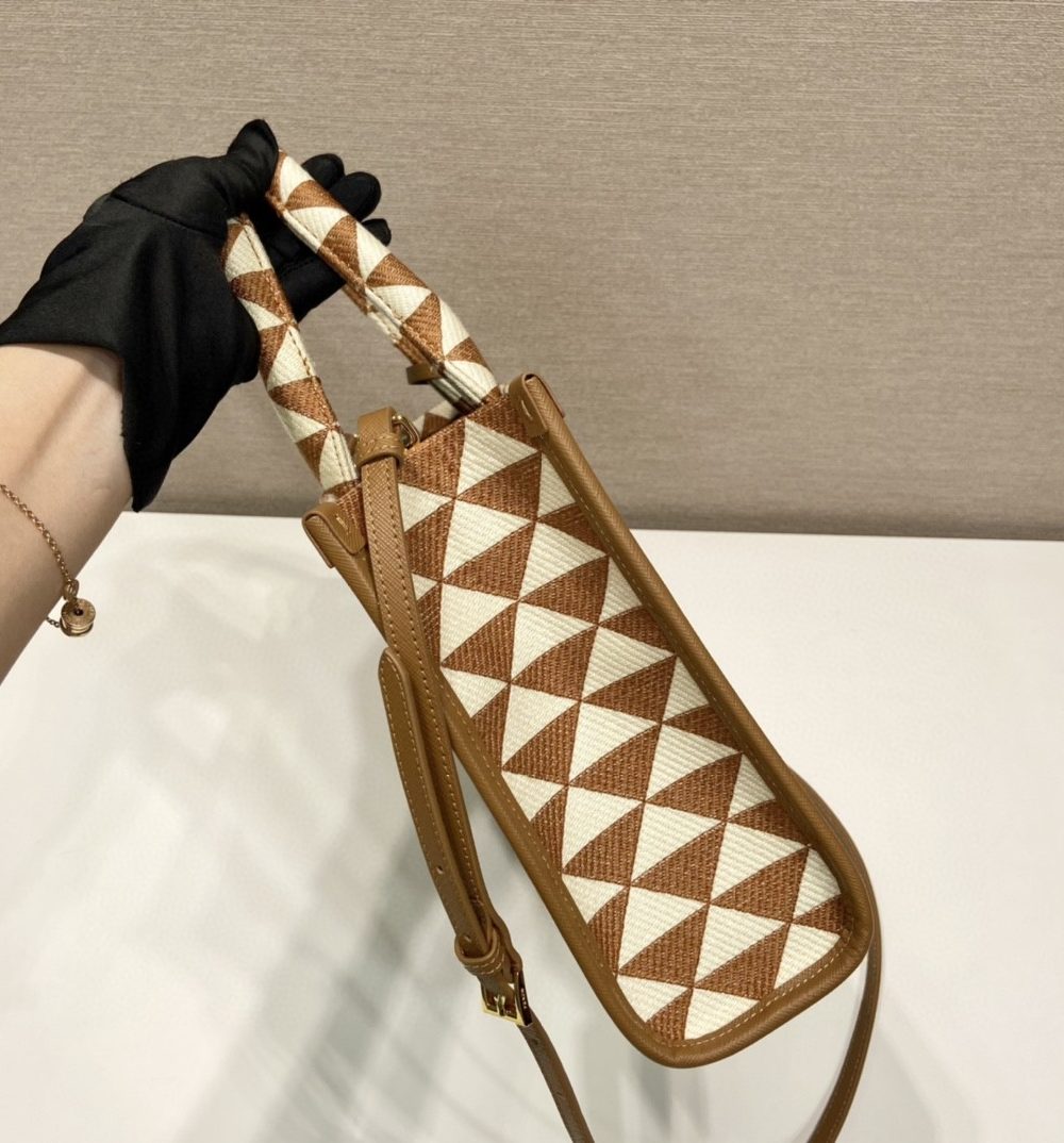 Prada Small Symbole Jacquard Fabric Handbag Brown/White For Women, Women's Bags 11in/28cm 1BA354_2FKL_F0I0U_V_OOO