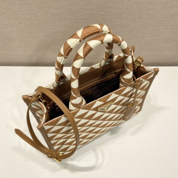Prada Small Symbole Jacquard Fabric Handbag Brown/White For Women, Women's Bags 11in/28cm 1BA354_2FKL_F0I0U_V_OOO