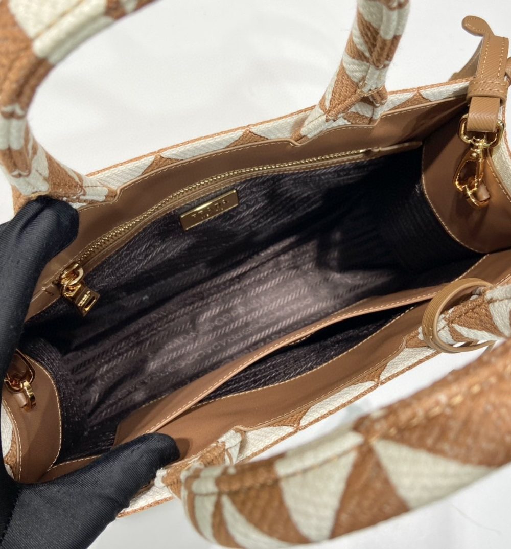 Prada Small Symbole Jacquard Fabric Handbag Brown/White For Women, Women's Bags 11in/28cm 1BA354_2FKL_F0I0U_V_OOO