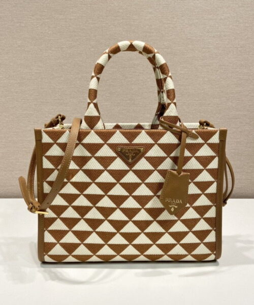 Prada Small Symbole Jacquard Fabric Handbag Brown/White For Women, Women's Bags 11in/28cm 1BA354_2FKL_F0I0U_V_OOO
