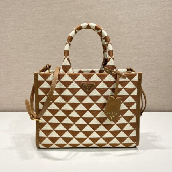 Prada Small Symbole Jacquard Fabric Handbag Brown/White For Women, Women's Bags 11in/28cm 1BA354_2FKL_F0I0U_V_OOO