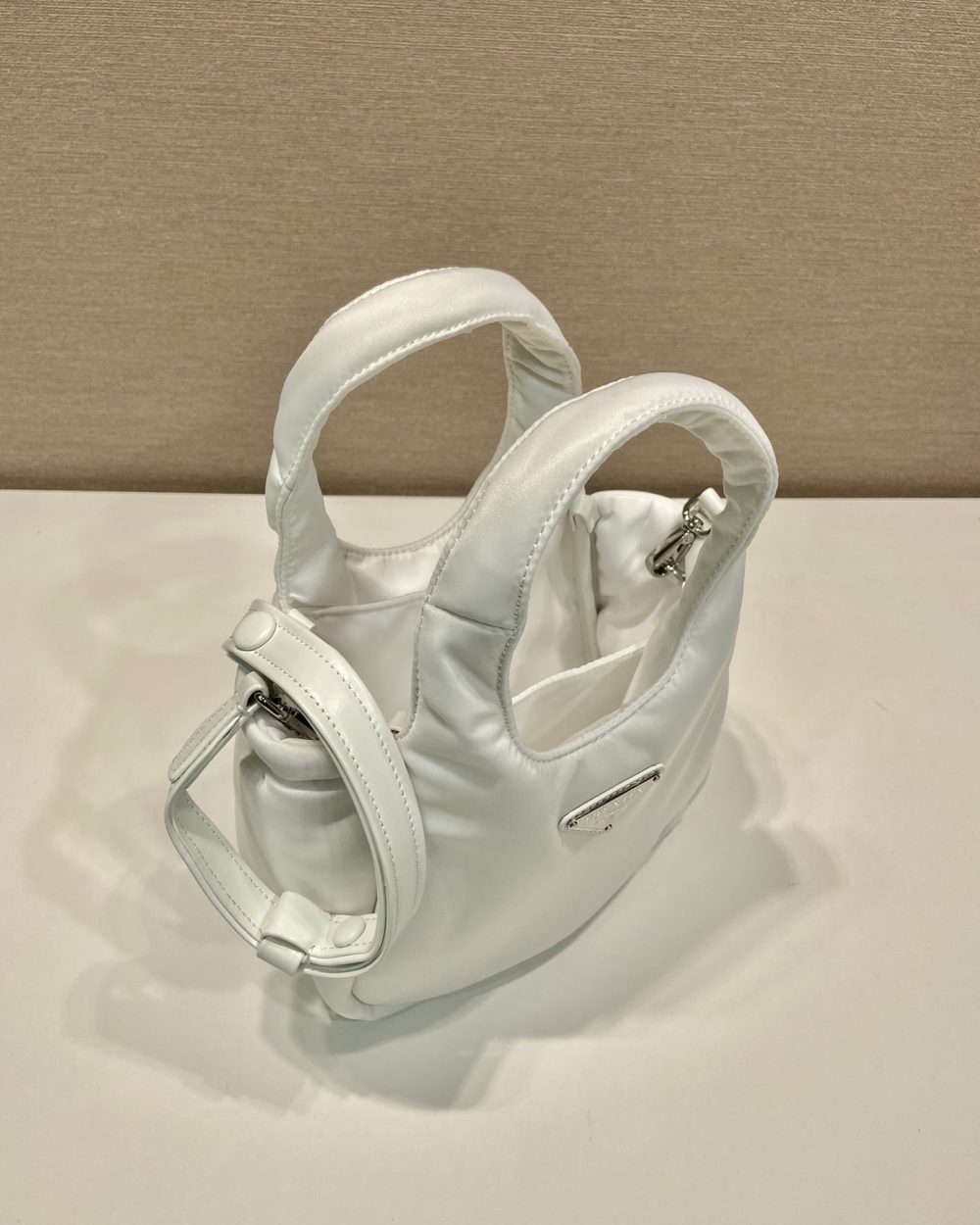 Prada Soft Padded Re-Nylon Mini-Bag White/Pink/Beige For Women 7.1in/18cm 1BA359_RCCJ_F0009_V_OVM