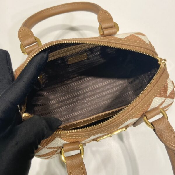 Prada Symbole Embroidered Jacquard Fabric Top-Handle Bag Brown/White For Women, Women's Bags 7.9in/20cm 1BB846_2FKL_F0I0U_V_XOO