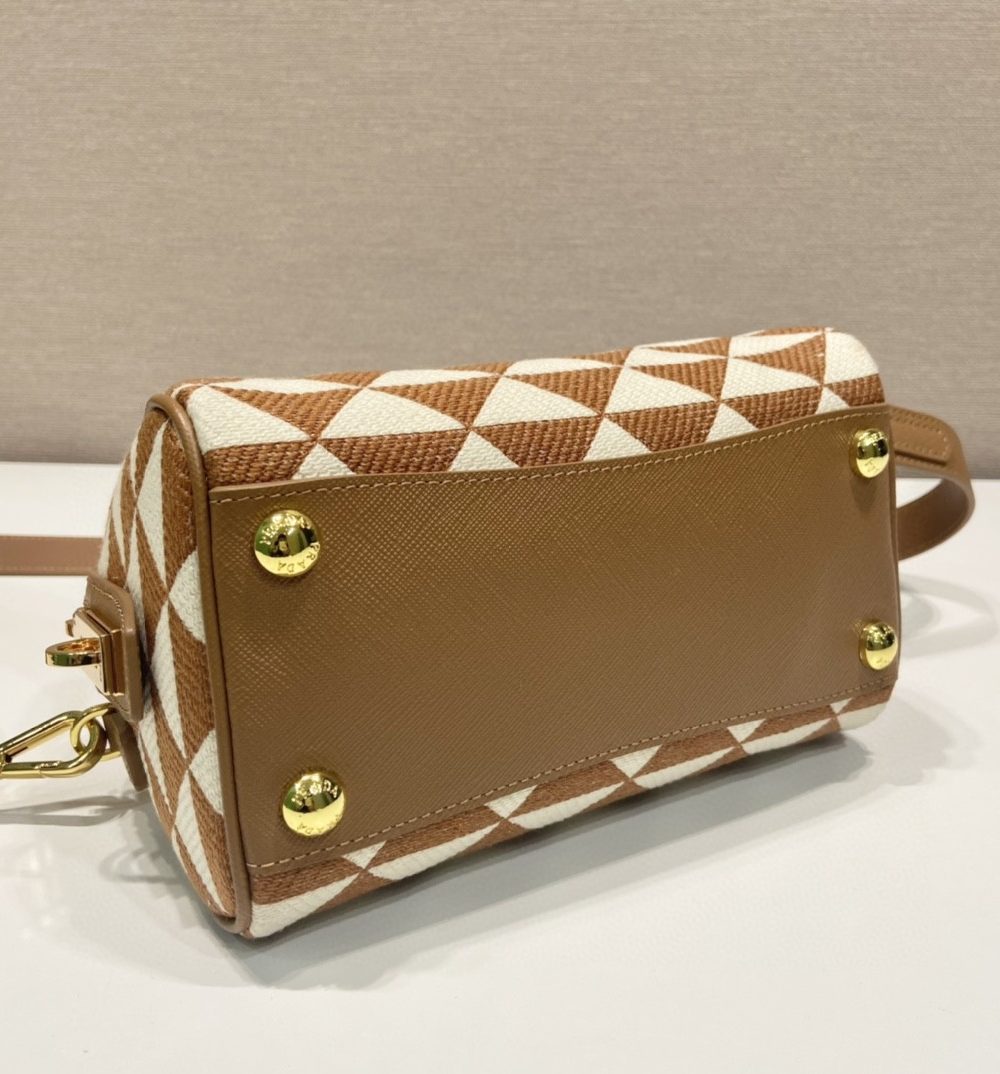 Prada Symbole Embroidered Jacquard Fabric Top-Handle Bag Brown/White For Women, Women's Bags 7.9in/20cm 1BB846_2FKL_F0I0U_V_XOO