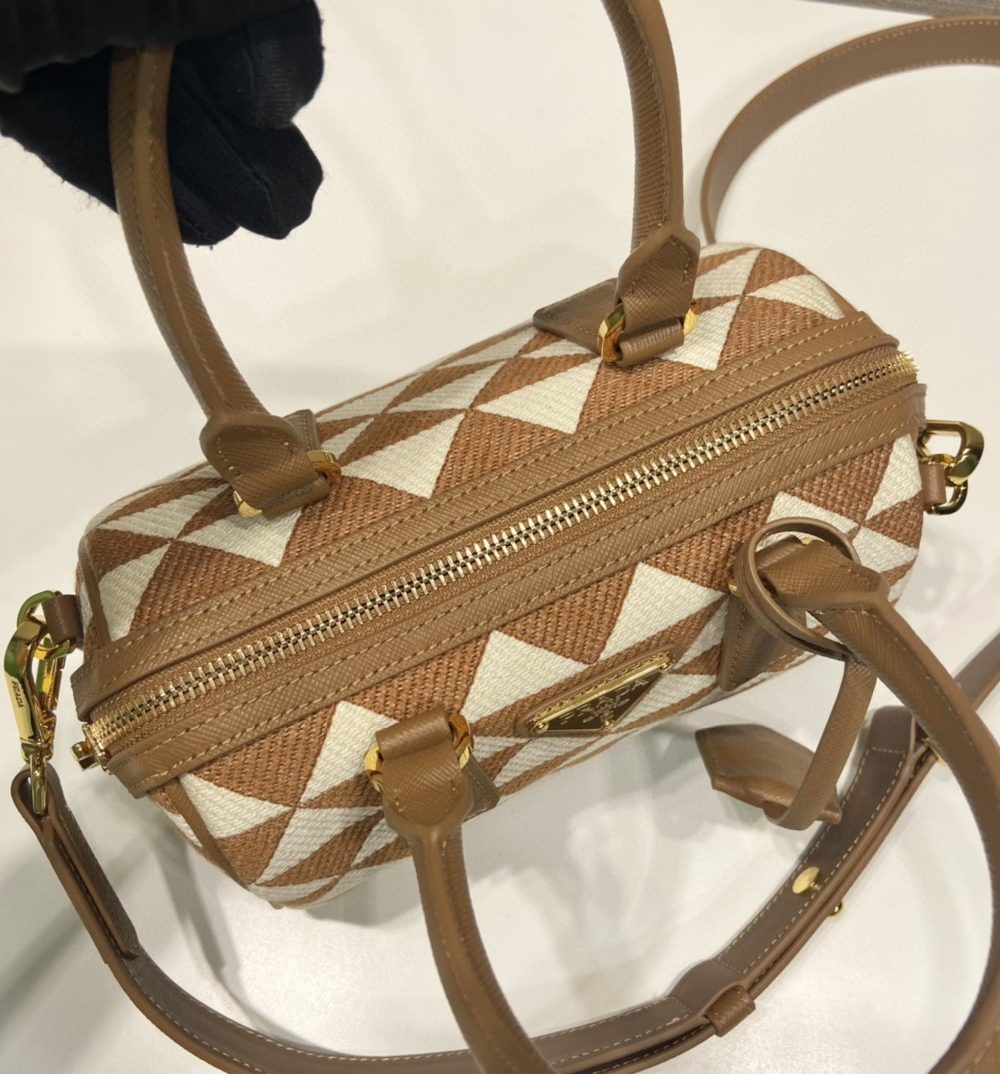 Prada Symbole Embroidered Jacquard Fabric Top-Handle Bag Brown/White For Women, Women's Bags 7.9in/20cm 1BB846_2FKL_F0I0U_V_XOO