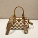 Prada Symbole Embroidered Jacquard Fabric Top-Handle Bag Brown/White For Women, Women's Bags 7.9in/20cm 1BB846_2FKL_F0I0U_V_XOO