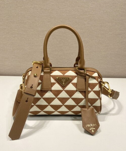 Prada Symbole Embroidered Jacquard Fabric Top-Handle Bag Brown/White For Women, Women's Bags 7.9in/20cm 1BB846_2FKL_F0I0U_V_XOO