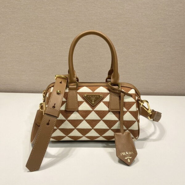 Prada Symbole Embroidered Jacquard Fabric Top-Handle Bag Brown/White For Women, Women's Bags 7.9in/20cm 1BB846_2FKL_F0I0U_V_XOO