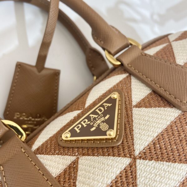 Prada Symbole Embroidered Jacquard Fabric Top-Handle Bag Brown/White For Women, Women's Bags 7.9in/20cm 1BB846_2FKL_F0I0U_V_XOO