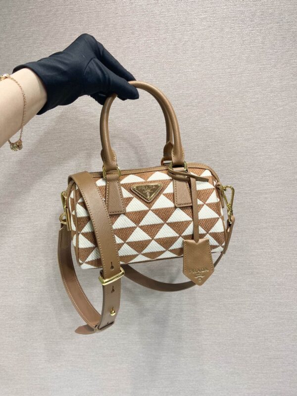 Prada Symbole Embroidered Jacquard Fabric Top-Handle Bag Brown/White For Women, Women's Bags 7.9in/20cm 1BB846_2FKL_F0I0U_V_XOO