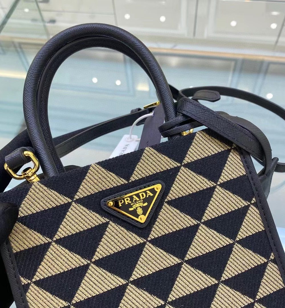 Prada Symbole Jacquard Fabric Micro Bag Black/Beige For Women, Women's Bags 7.5in/19cm 1BA355_2FKL_F0Y30_V_OOO