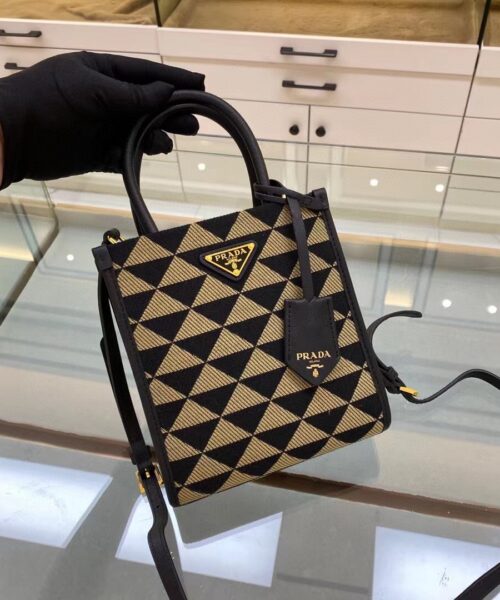 Prada Symbole Jacquard Fabric Micro Bag Black/Beige For Women, Women's Bags 7.5in/19cm 1BA355_2FKL_F0Y30_V_OOO