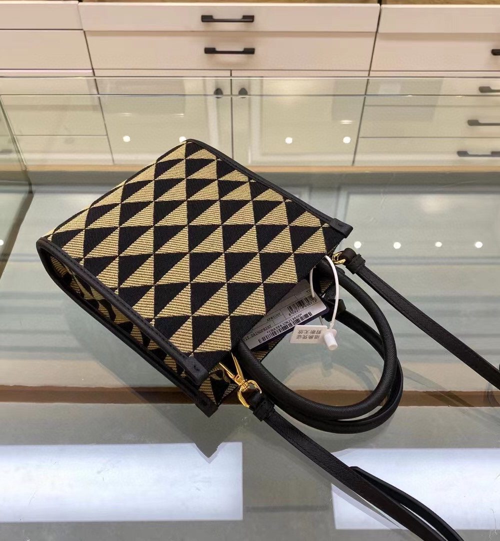 Prada Symbole Jacquard Fabric Micro Bag Black/Beige For Women, Women's Bags 7.5in/19cm 1BA355_2FKL_F0Y30_V_OOO