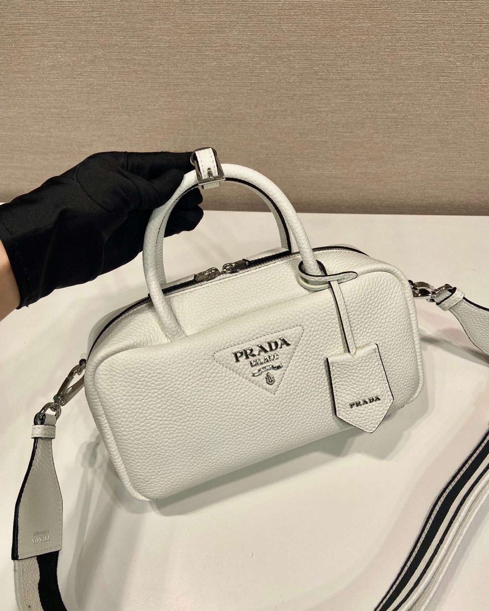 Prada Top-Handle Bag Brown/White/Green Khaki For Women 9.4in/24cm 1BB102_2DKV_F02Z8_V_3OO