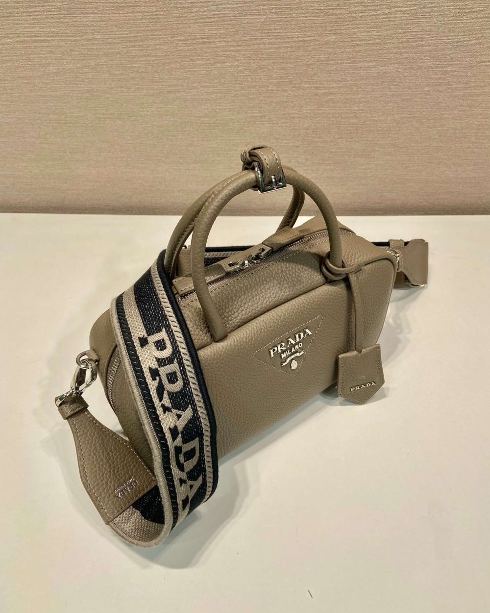 Prada Top-Handle Bag Brown/White/Green Khaki For Women 9.4in/24cm 1BB102_2DKV_F02Z8_V_3OO