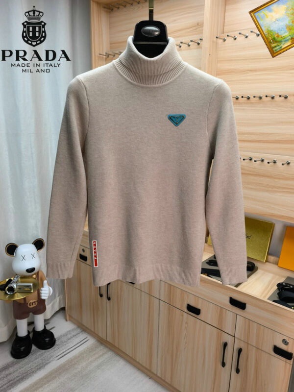 Prada Triangle Logo Neck Jumper Sweater Beige For Men