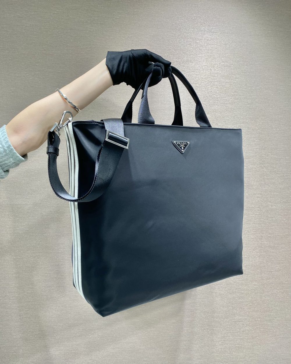 Prada x Adidas Re-Nylon Shopping Bag Black For Women, Women's Bags 15.7in/40cm