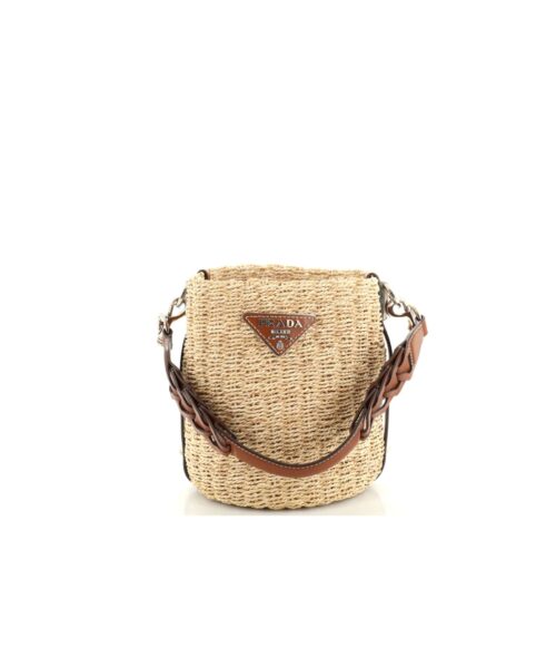 Raffia Straw Bucket Bag In Beige For Women 9.8in/ 25cm
