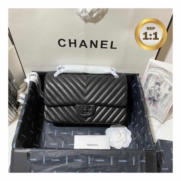 1:1 Replica Chanel Chevron Classic Handbag Black For Women 10.2in/26cm