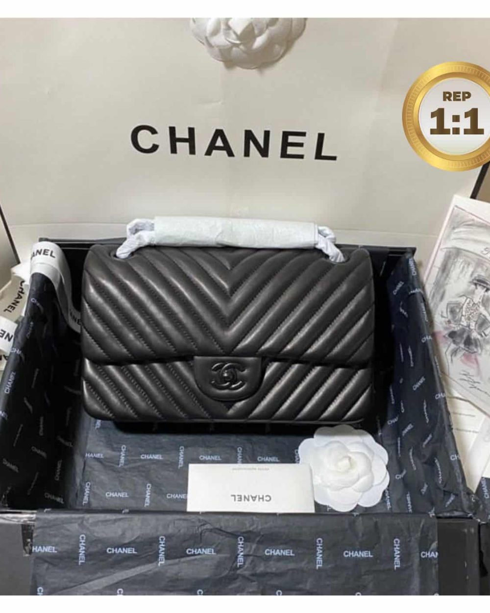1:1 Replica Chanel Chevron Classic Handbag Black For Women 10.2in/26cm