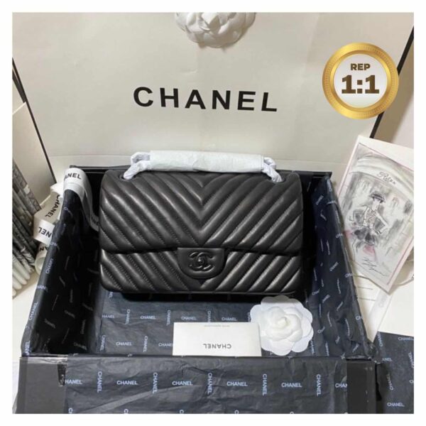 1:1 Replica Chanel Chevron Classic Handbag Black For Women 10.2in/26cm
