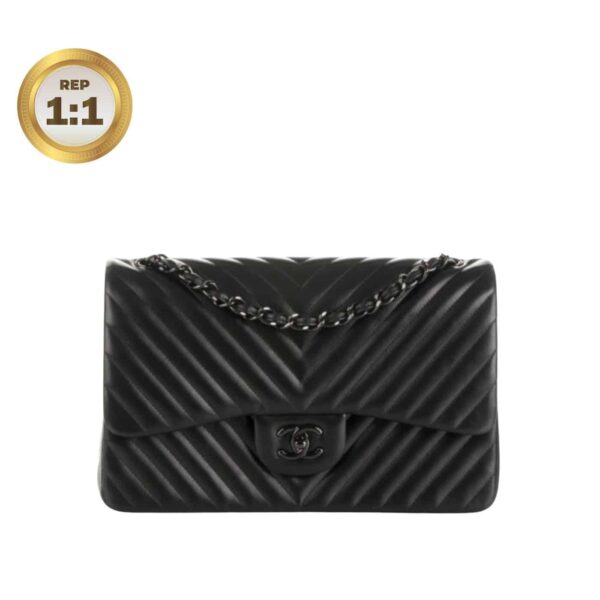 1:1 Replica Chanel Chevron Classic Handbag Black For Women 10.2in/26cm