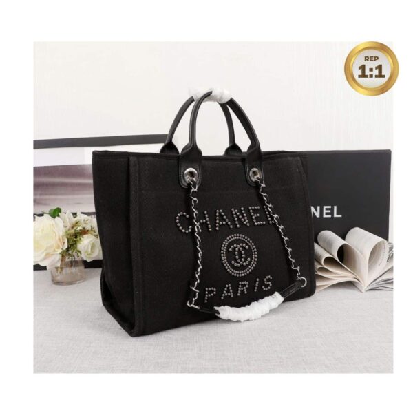 1:1 Replica Chanel Large Deauville Pearl Tote Bag Black For Women 15in/38cm A66941
