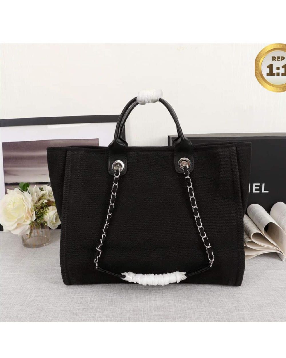 1:1 Replica Chanel Large Deauville Pearl Tote Bag Black For Women 15in/38cm A66941