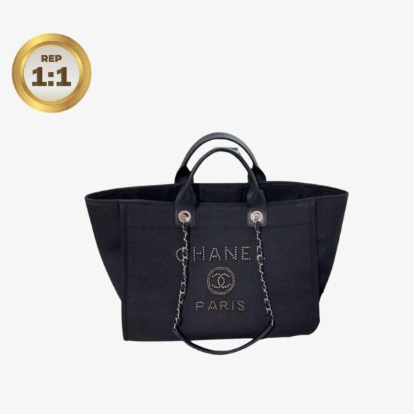 1:1 Replica Chanel Large Deauville Pearl Tote Bag Black For Women 15in/38cm A66941