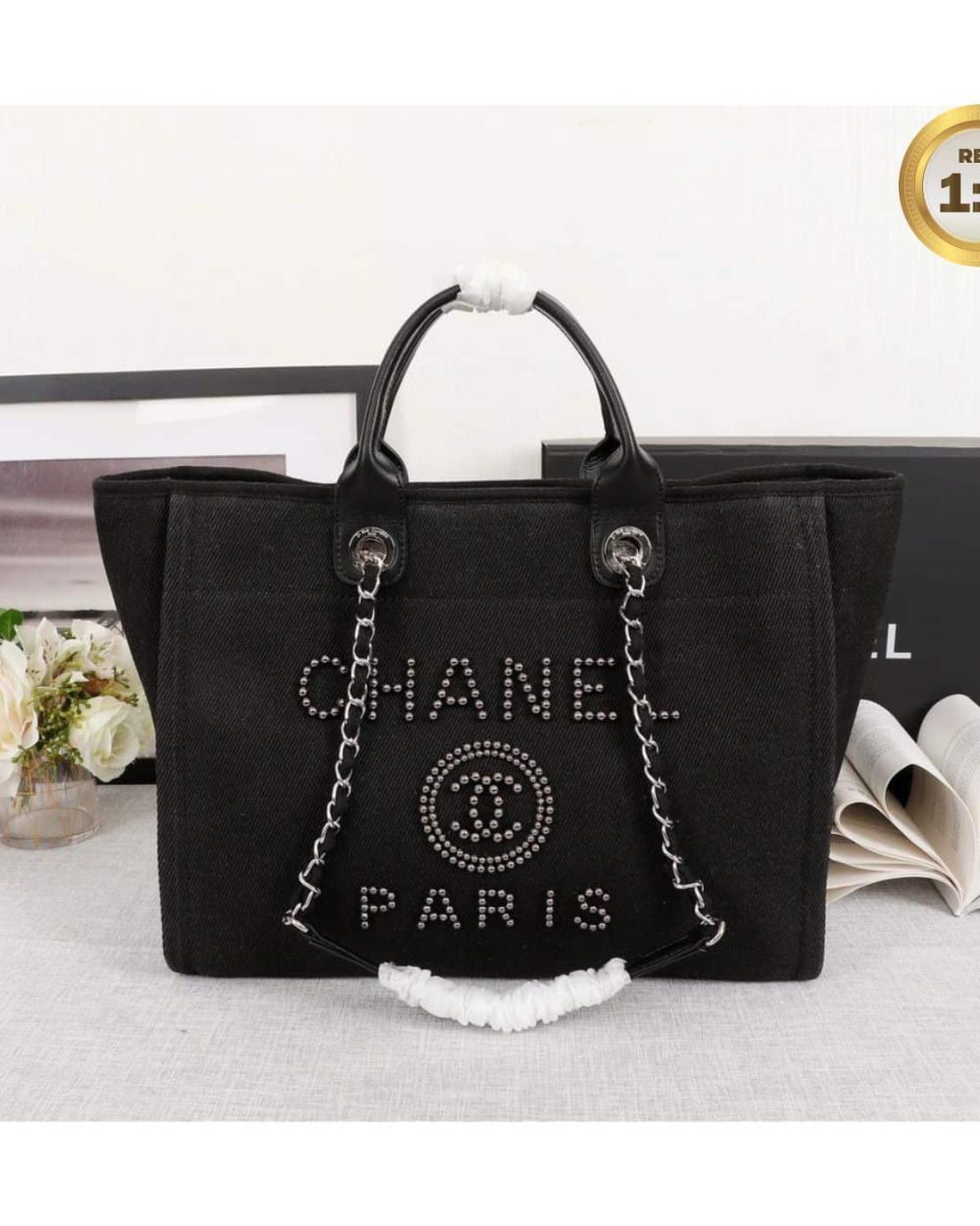 1:1 Replica Chanel Large Deauville Pearl Tote Bag Black For Women 15in/38cm A66941