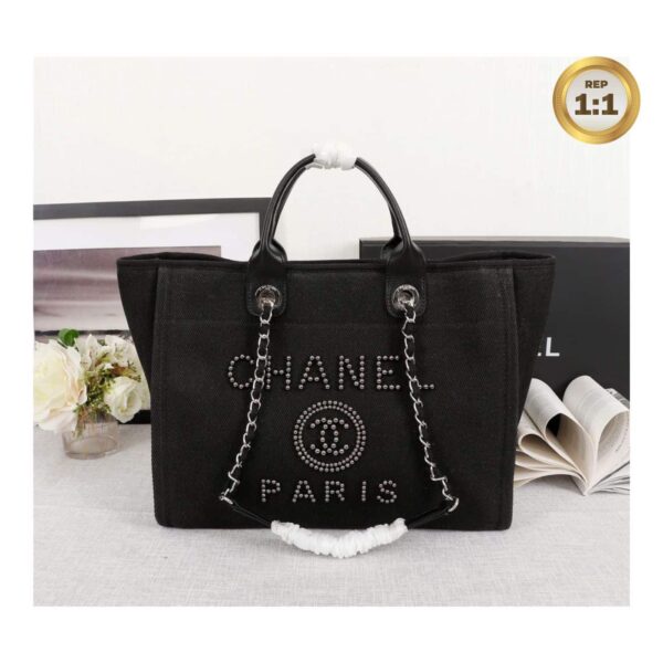 1:1 Replica Chanel Large Deauville Pearl Tote Bag Black For Women 15in/38cm A66941
