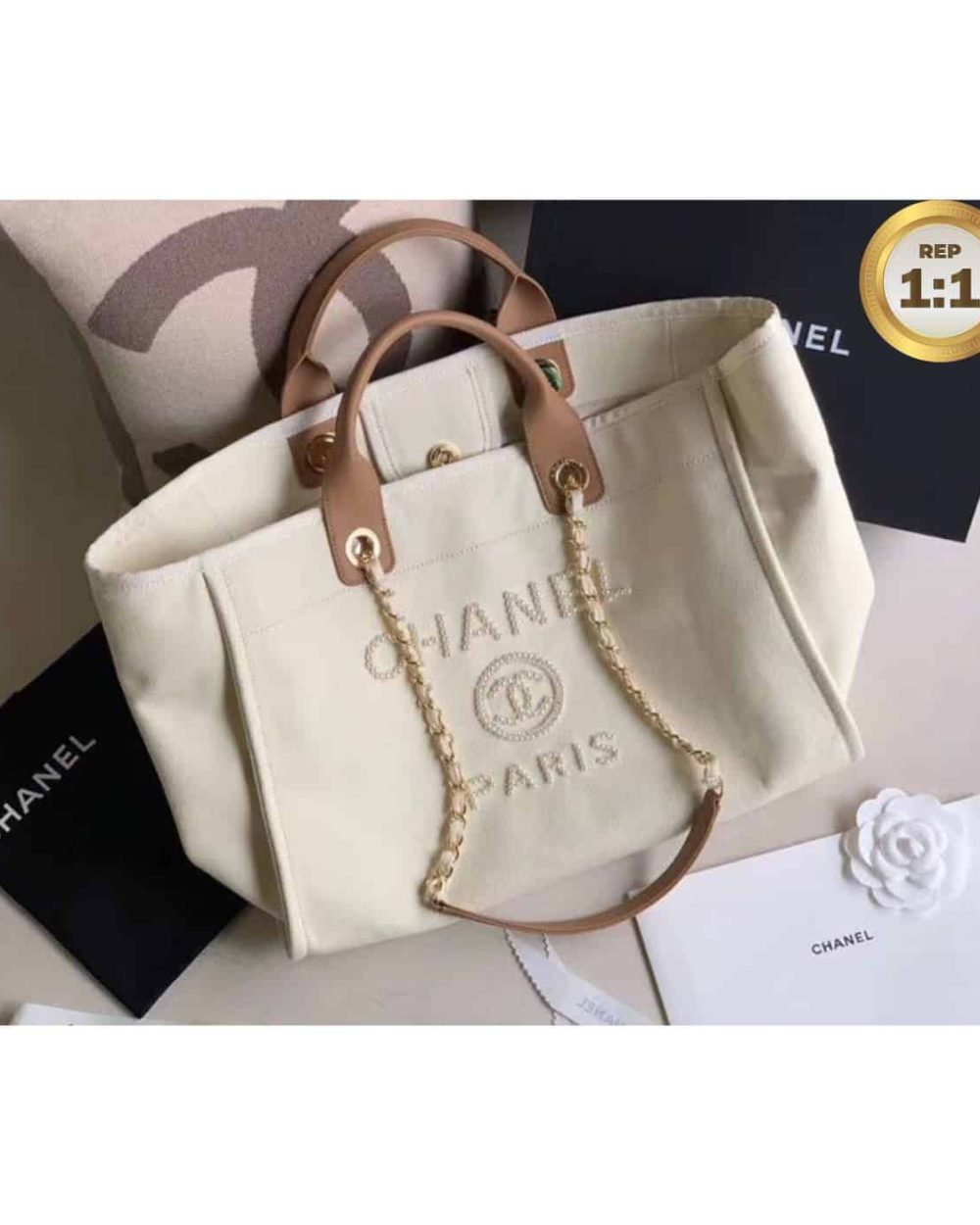 1:1 Replica Chanel Large Deauville Pearl Tote Bag White For Women 15in/38cm A66941