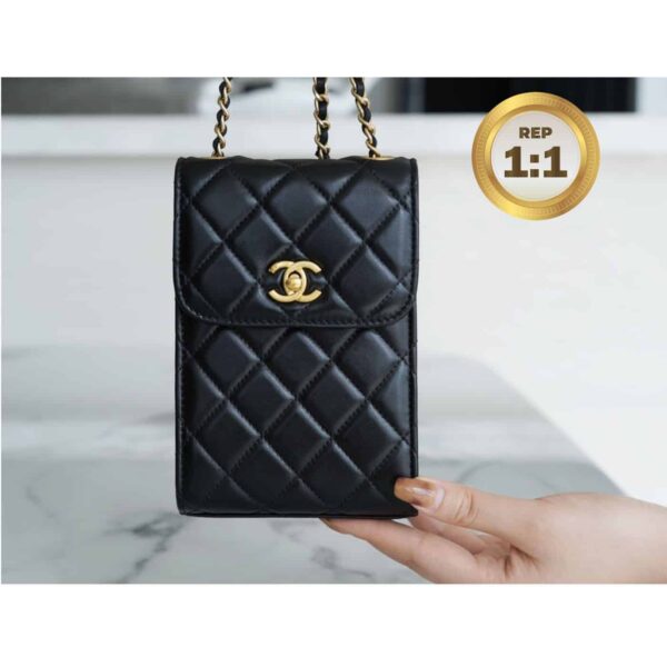 1:1 Replica Chanel Quilted Phone Holder Bag Black For Women 17cm/6.6in