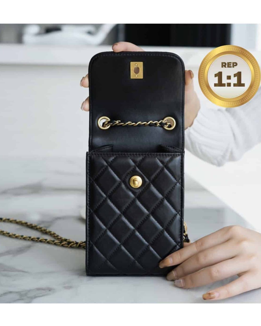1:1 Replica Chanel Quilted Phone Holder Bag Black For Women 17cm/6.6in