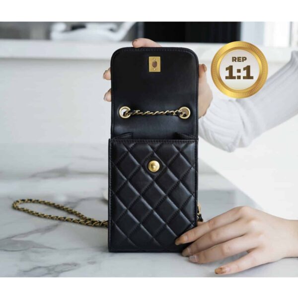 1:1 Replica Chanel Quilted Phone Holder Bag Black For Women 17cm/6.6in