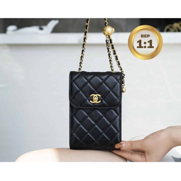 1:1 Replica Chanel Quilted Phone Holder Bag Black For Women 17cm/6.6in