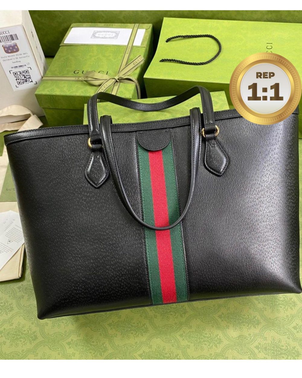 1:1 Replica Gucci Ophidia Medium Tote Black For Women 15in/38cm GG 631685 CWG1A 1060