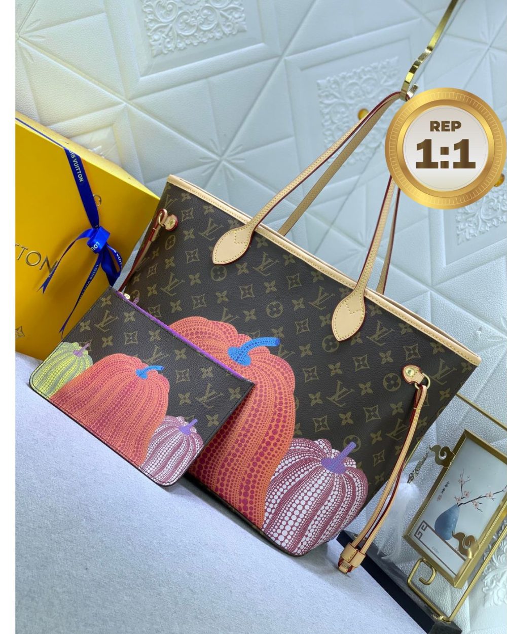 1:1 Replica Louis Vuitton LV x YK Neverfull MM Bag Brown For Women 12.2in/31cm M46468