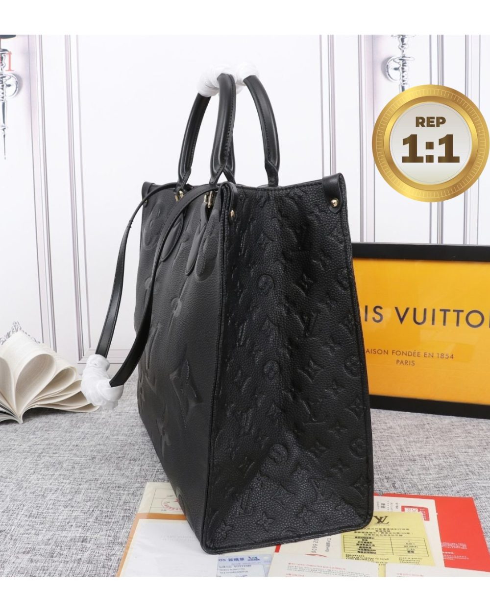 1:1 Replica Louis Vuitton Onthego MM Monogram Empreinte Tote Bag Black For Women 35cm LV M45595