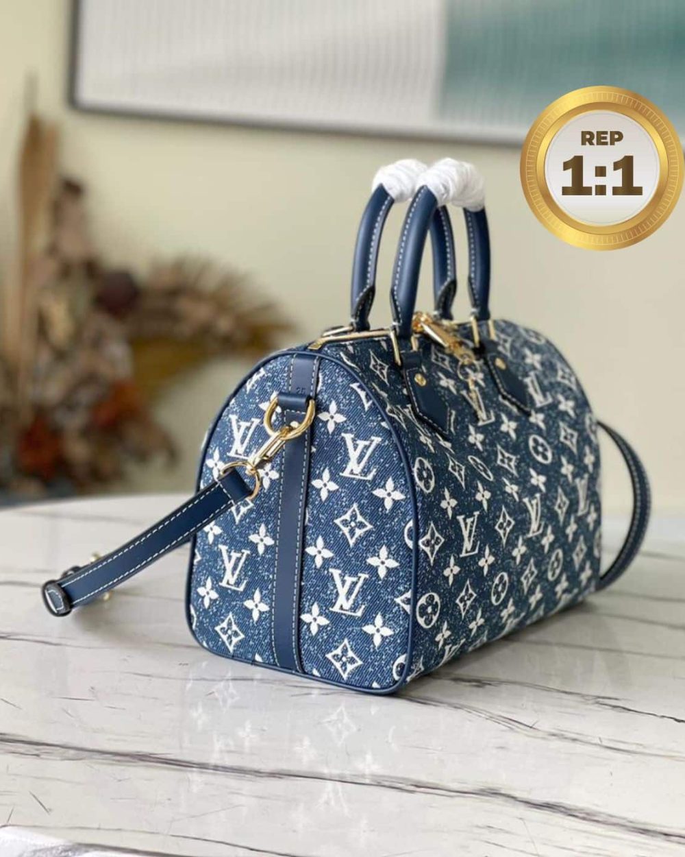 1:1 Replica Louis Vuitton Speedy Bandouliere 25 Monogram Denim Jacquard Navy Blue 9.8in/25cm LV M59609