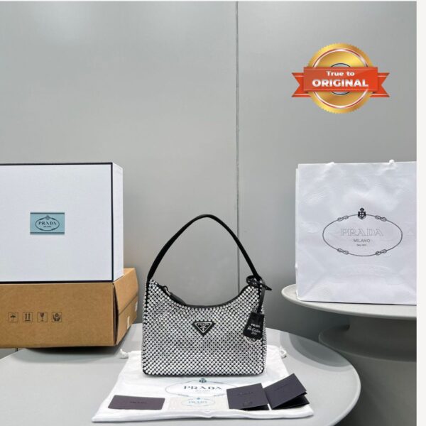 1:1 Replica Prada Satin Mini-Bag With Crystals Silver For Women 8.6in/22cm 1BC515_2AWL_F0T7O_V_OOO