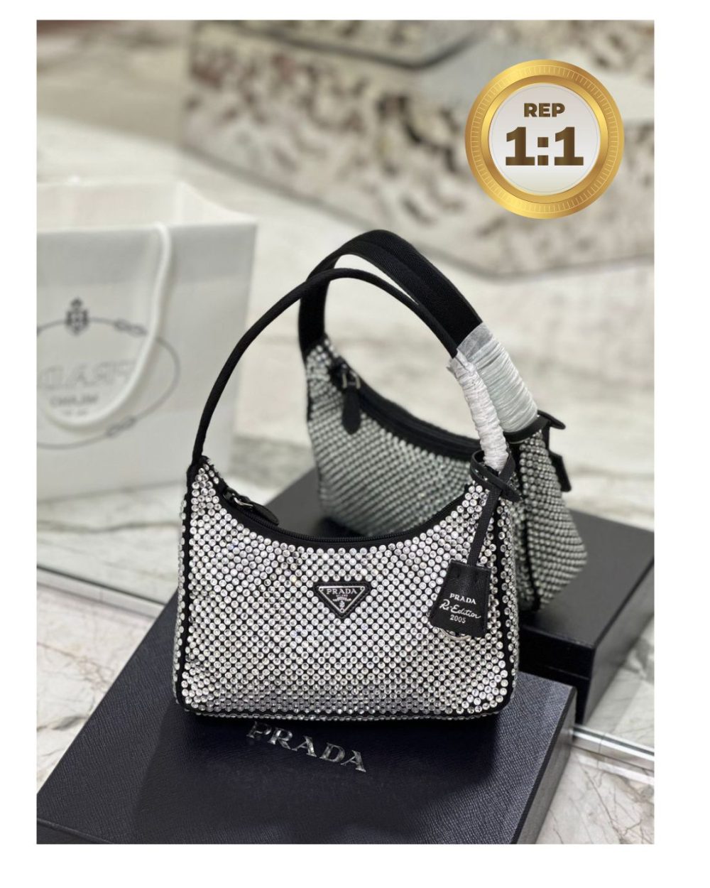 1:1 Replica Prada Satin Mini-Bag With Crystals Silver For Women 8.6in/22cm 1BC515_2AWL_F0T7O_V_OOO