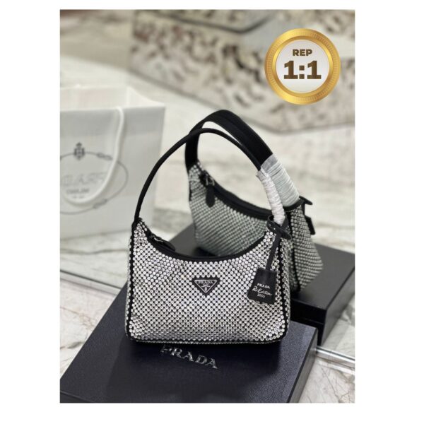 1:1 Replica Prada Satin Mini-Bag With Crystals Silver For Women 8.6in/22cm 1BC515_2AWL_F0T7O_V_OOO