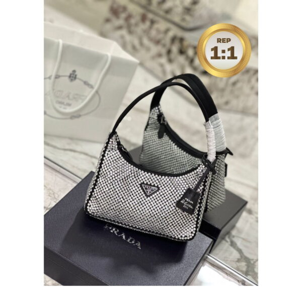 1:1 Replica Prada Satin Mini-Bag With Crystals Silver For Women 8.6in/22cm 1BC515_2AWL_F0T7O_V_OOO
